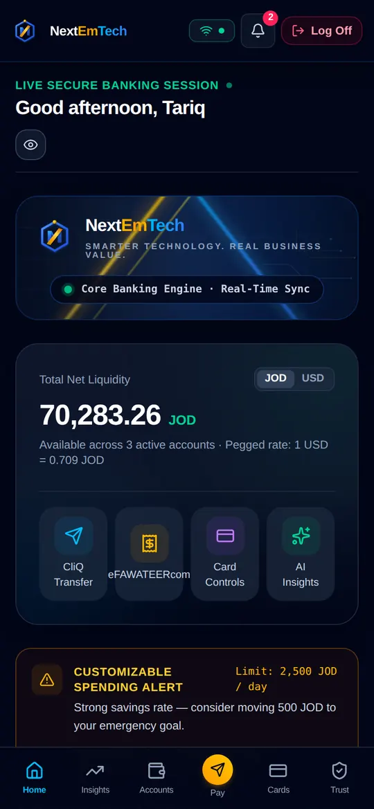 Mobile banking app screen: Home
