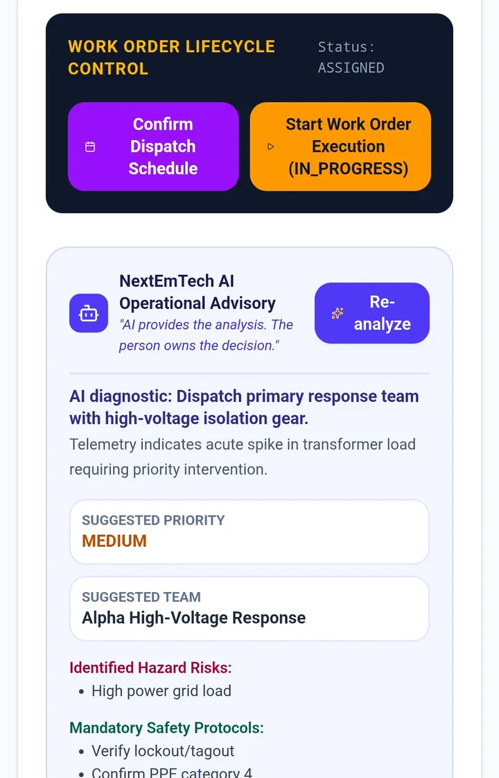 Work order lifecycle with AI advisory; a person decides